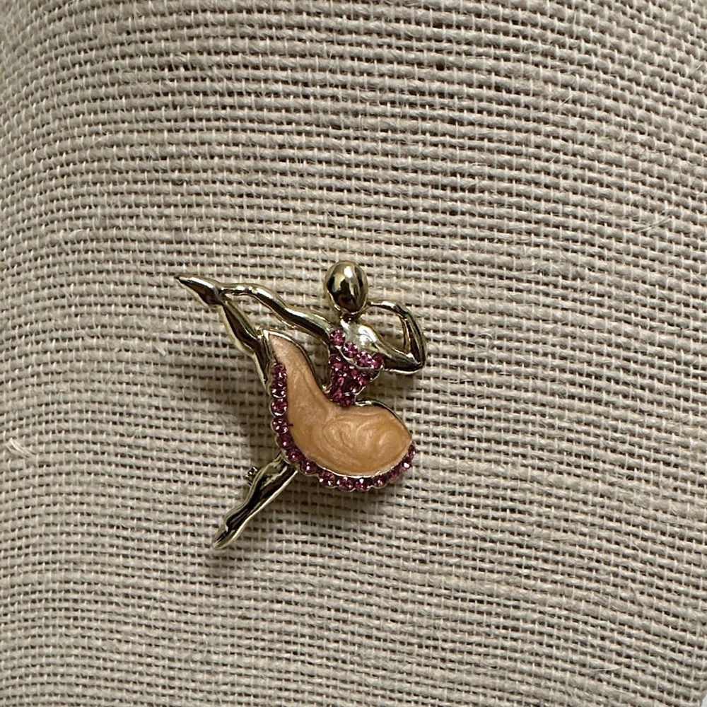 Elegant Vintage Gold and Pink Crystals Dancer Brooch